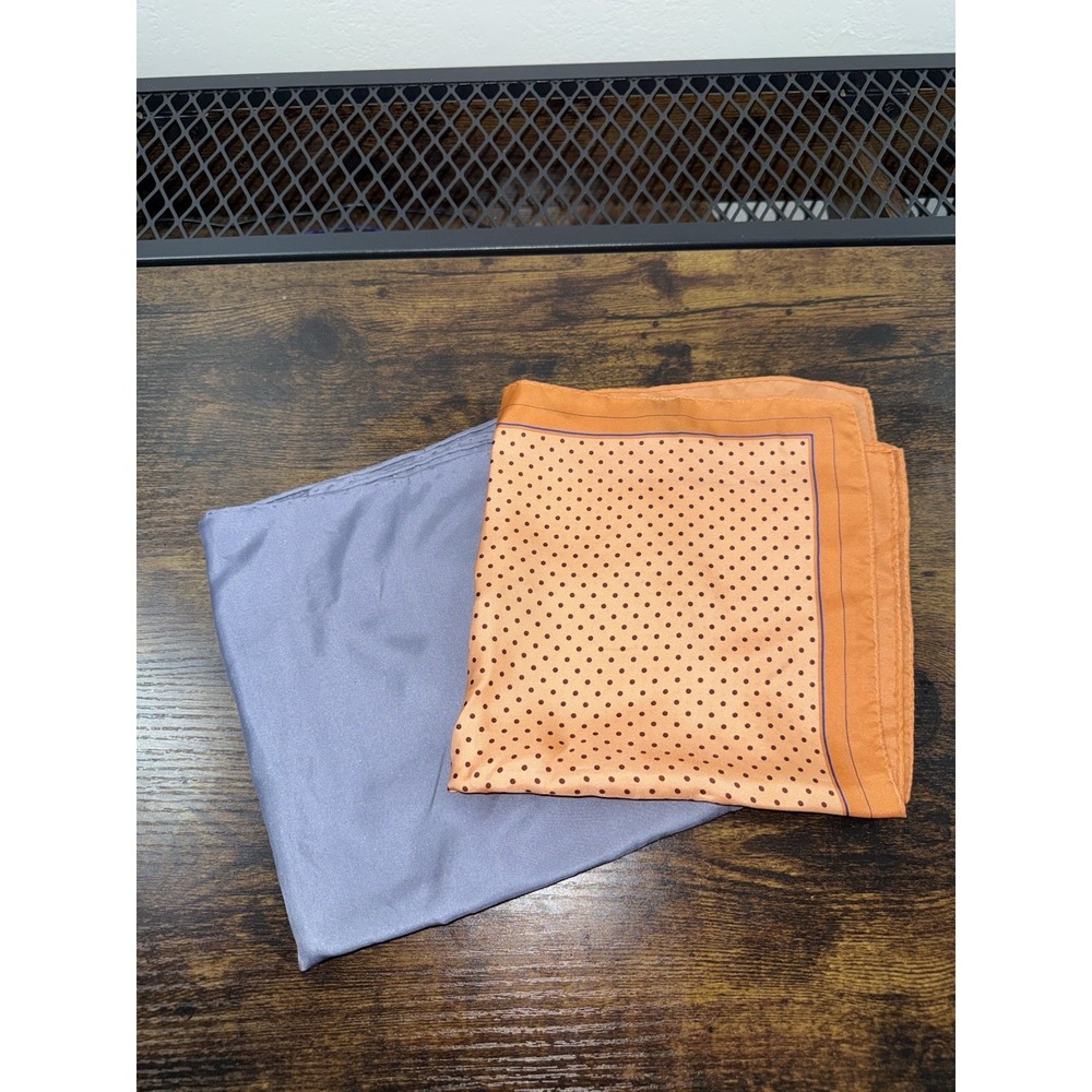 Men's Pocket Square Lot 2 Silk Orange Polka Dot Gray 16" Handkerchief *stain EUC